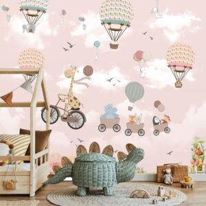 "Flying Animals & Hot Air Balloons Wallpaper for Kids Room"