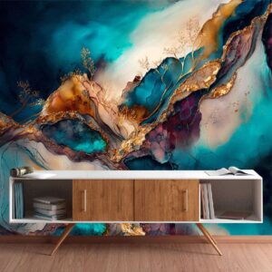 "Abstract Blue Gold Ink Wallpaper – Stylish Contemporary Art"