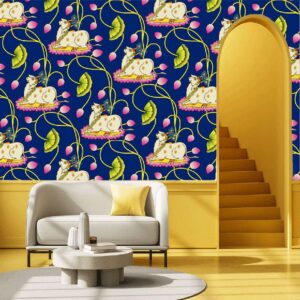 "Pichwai Cow Design Blue Wallpaper for a cultural touch"