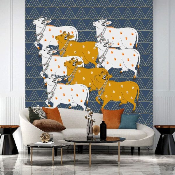 "Pichwai Cow Design Blue Wallpaper" - Image 6