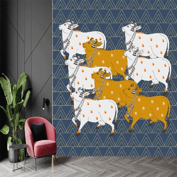 "Pichwai Cow Design Blue Wallpaper" - Image 5