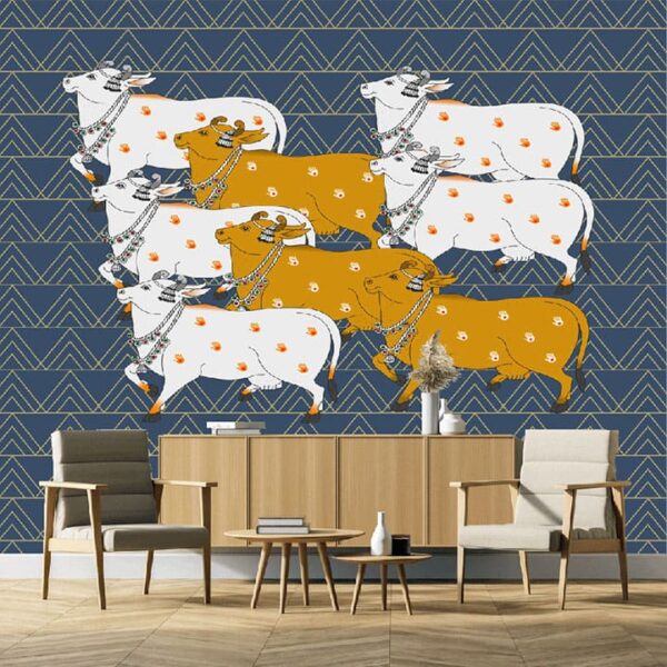 "Pichwai Cow Design Blue Wallpaper" - Image 4