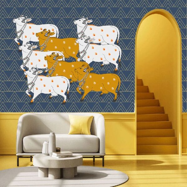 "Pichwai Cow Design Blue Wallpaper"