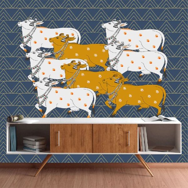 "Pichwai Cow Design Blue Wallpaper" - Image 3