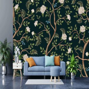 "Luxury Chinoiserie white peony wallpaper for stylish walls"