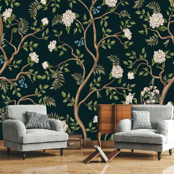 "Chinoiserie White Peony Wallpaper"