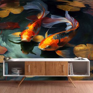 "Goldfish in the lake wallpaper with oil painting water effect"