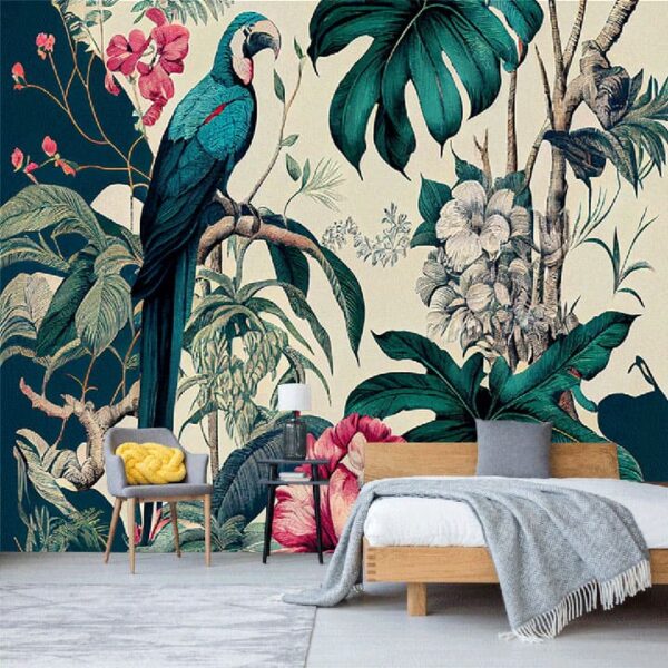 "Exotic Tropical Parrots & Flowers Wallpaper – Toile de Jouy Style" - Image 3