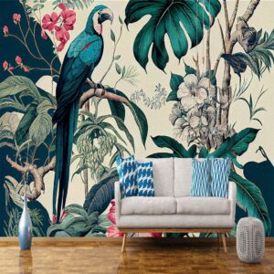 "Exotic tropical wallpaper with parrots and flowers Toile de Jouy style"