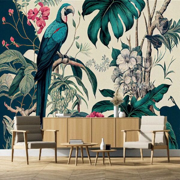 "Exotic Tropical Parrots & Flowers Wallpaper – Toile de Jouy Style" - Image 7