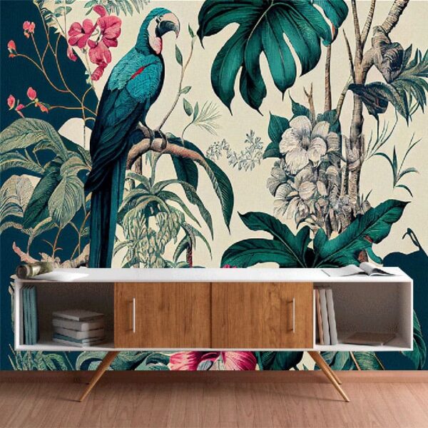 "Exotic Tropical Parrots & Flowers Wallpaper – Toile de Jouy Style" - Image 4