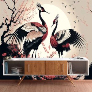 "Japanese-style cherry blossom and crane wallpaper"