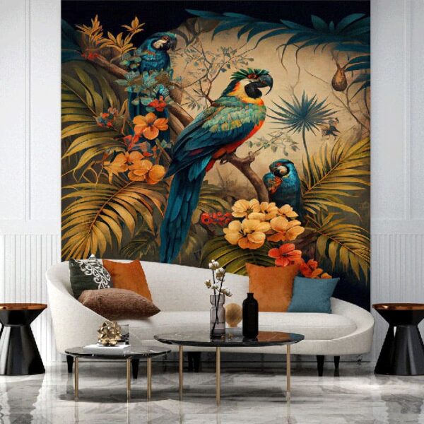 "Palm Trees and Parrot Art Wallpaper"