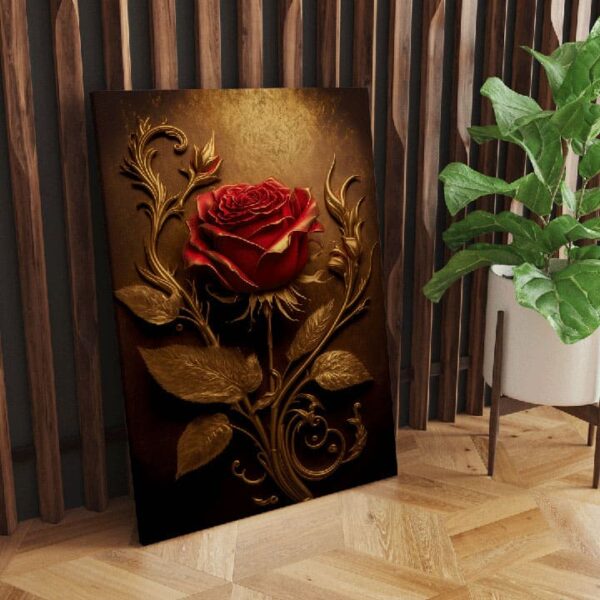 "Elegant red rose canvas art with gold floral background"