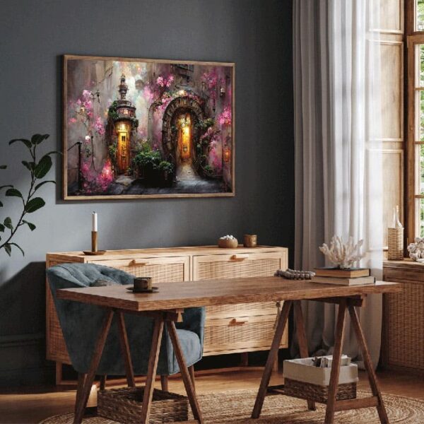 "Fantasy art canvas with enchanted city doors and street"