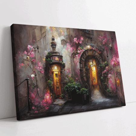 City street with magical doors. Fantasy Art Painting