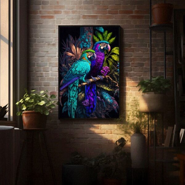 "Two colorful parrots on a vibrant Amazon-themed canvas"