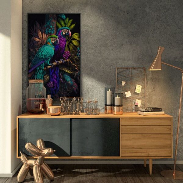 "Amazon Jungle Canvas with Two Colorful Parrots" - Image 3