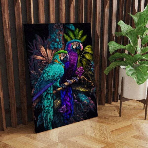 "Amazon Jungle Canvas with Two Colorful Parrots" - Image 2