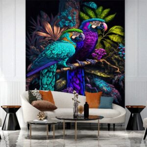 Vibrant Amazon Parrots Wallpaper for Tropical Interior Decor