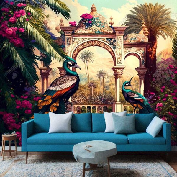 "Peacock & Temple Garden Wallpaper"