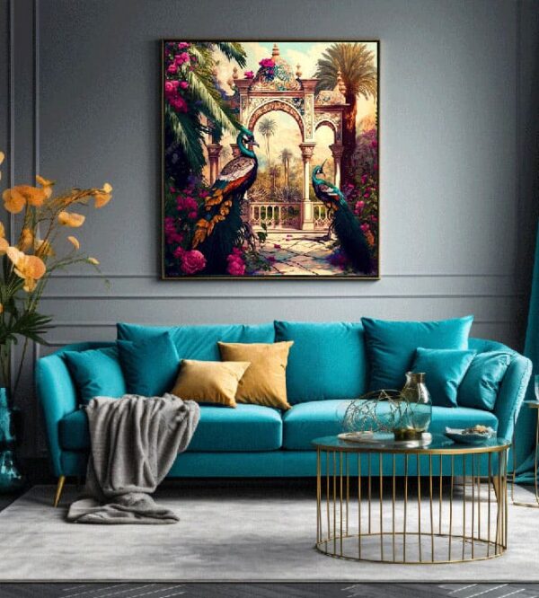 "Traditional Temple Garden Peacock Wall Art Canvas" - Image 2