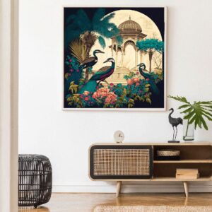 "Heritage temple entrance canvas art with peacock design"