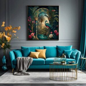 "Traditional Indian temple entrance canvas art with peacock"