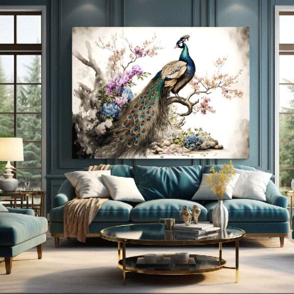 "Vibrant peacock tropical watercolor art canvas print"