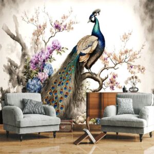 Colourful Peacock Watercolour Wallpaper for Home & Office Walls