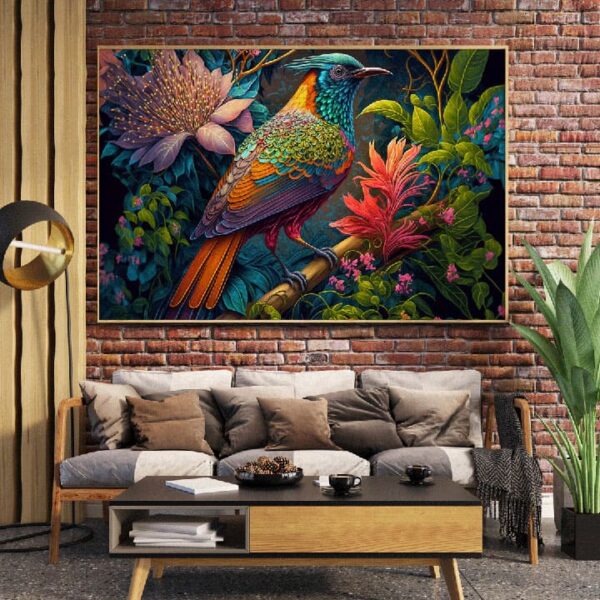 "Exotic floral canvas with a vibrant paradise bird illustration"