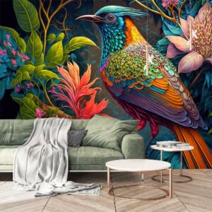 "Tropical Bird Fantasy Wallpaper featuring exotic birds, lush greenery, and vibrant jungle vibes, perfect for adding color and life to any space."