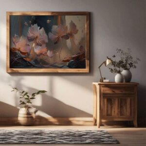 "Canvas painting of pink flowers and butterflies with waterfall in a cave"