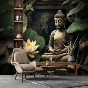 "Spiritual Lotus & Buddha Wallpaper featuring a serene Buddha with lotus flowers for a peaceful and enlightened decor."