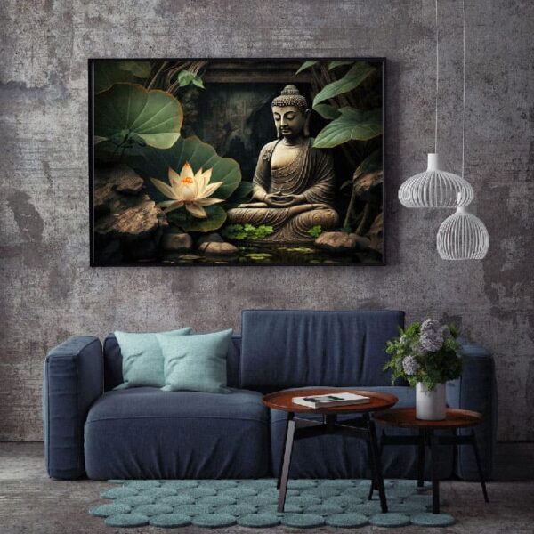 "Spiritual Canvas Art: Glowing Lotus & Buddha" - Image 6