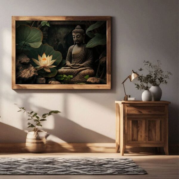 "Spiritual Canvas Art: Glowing Lotus & Buddha" - Image 2