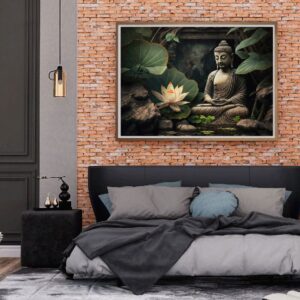 "Glowing lotus flowers canvas art with gold Buddha statue"