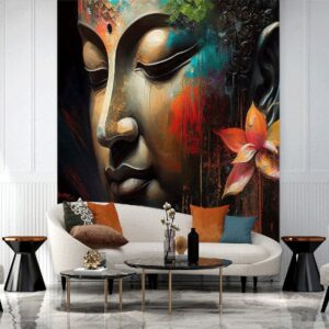 "Buddha Statue Oil Painting Wallpaper featuring serene Buddha design for spiritual and artistic decor."