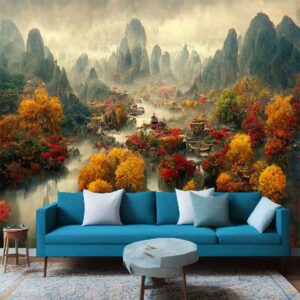 "Chinese autumn landscape wallpaper featuring majestic mountains and trees in a 3D illustration."