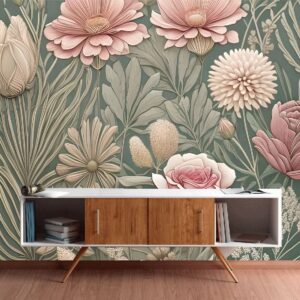 "Vintage-style botanical flower fabric-inspired wallpaper in pastel colors."