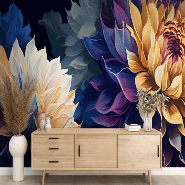 "Artistic yellow flower painting wallpaper with a calming blue background for interior decor."