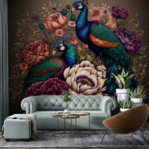 "Wallpaper showcasing a group of colorful peacocks in an oil painting style, ideal for luxurious interiors."