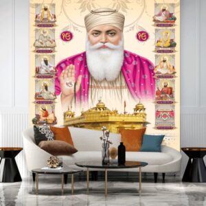 "Wallpaper featuring Guru Nanak Dev Ji and the Golden Temple, symbolizing Sikhism’s spiritual essence."