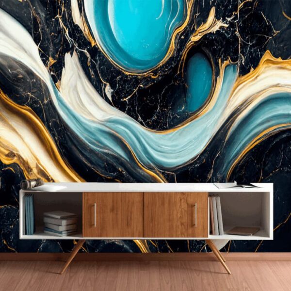 "Luxurious wallpaper featuring a swirling marble texture with agate-inspired ripples and fluid art patterns."