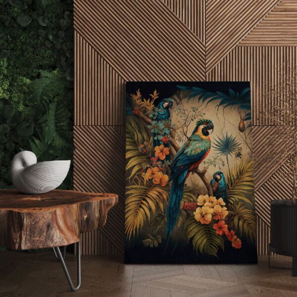 "Parrot Canvas with Palm Leaves - Tropical Wall Art" - Image 2