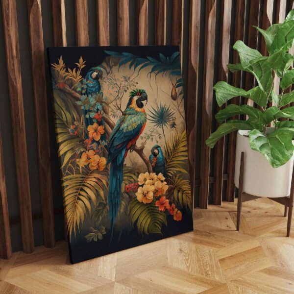 "Parrot Canvas with Palm Leaves - Tropical Wall Art" - Image 3