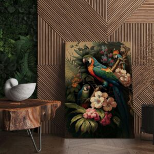 "Tropical Vibes Canvas: Palm Trees, Parrot, and Bird Flower"