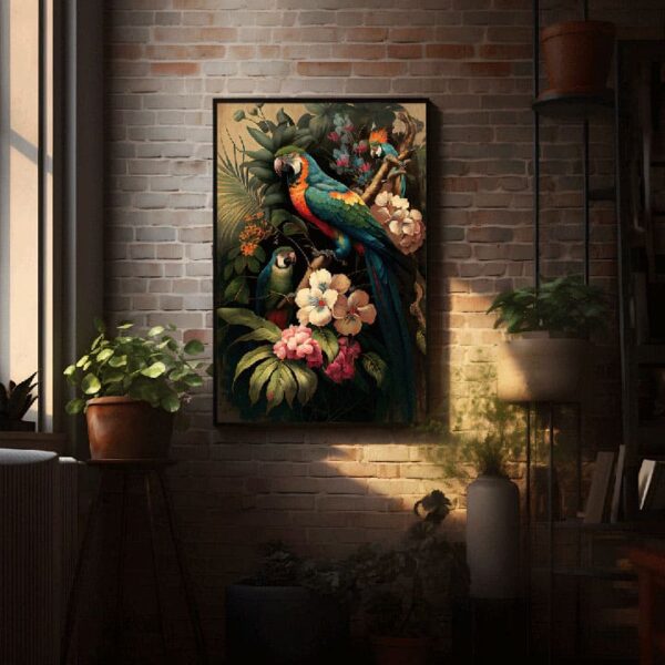 "Parrot with Palm Tree & Flower Canvas Painting" - Image 7