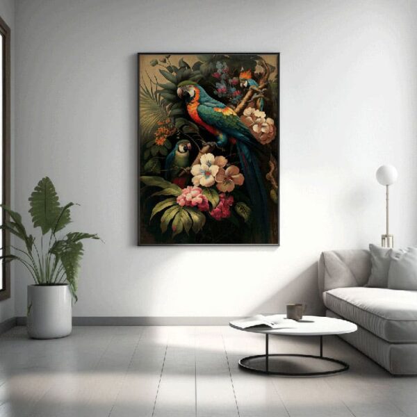 "Parrot with Palm Tree & Flower Canvas Painting" - Image 6