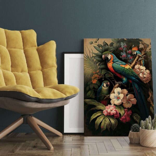 "Parrot with Palm Tree & Flower Canvas Painting" - Image 3